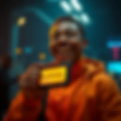 A person smiling while holding a ledger device, symbolizing excitement for blockchain technology