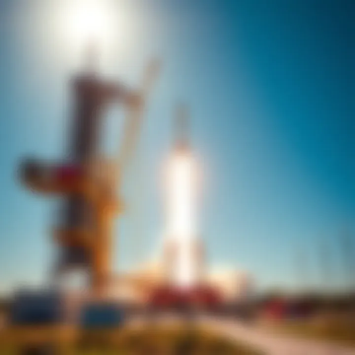 A rocket on a launch pad ready for takeoff with a bright blue sky in the background
