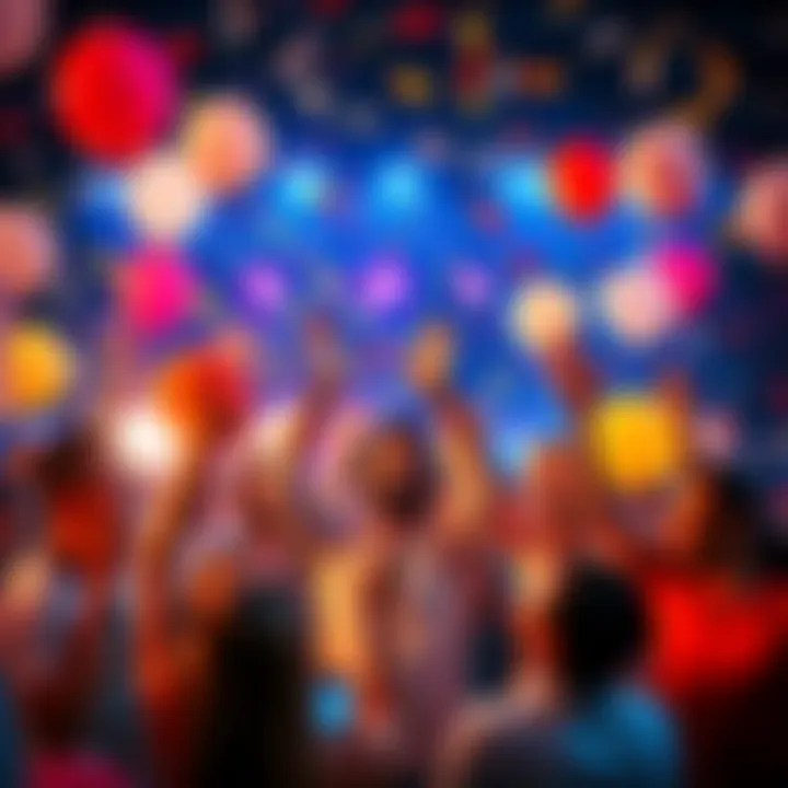 A cheerful community celebrating a comeback with balloons and confetti
