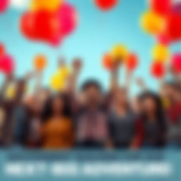 A group of diverse people celebrating with balloons and banners, ready for an adventure