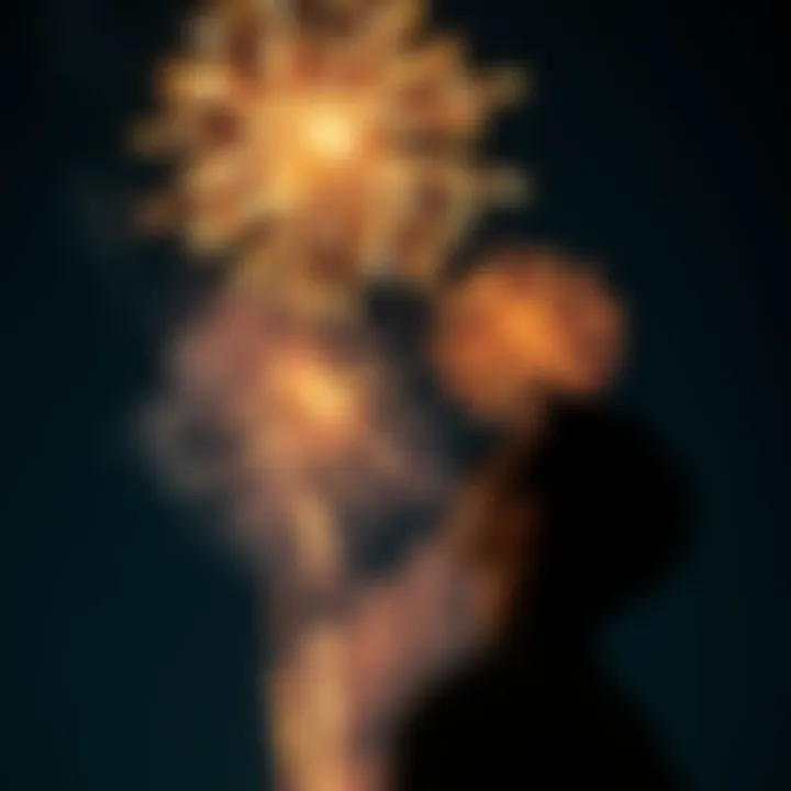 A person looking ahead with a sense of anticipation as bright fireworks light up the night sky.