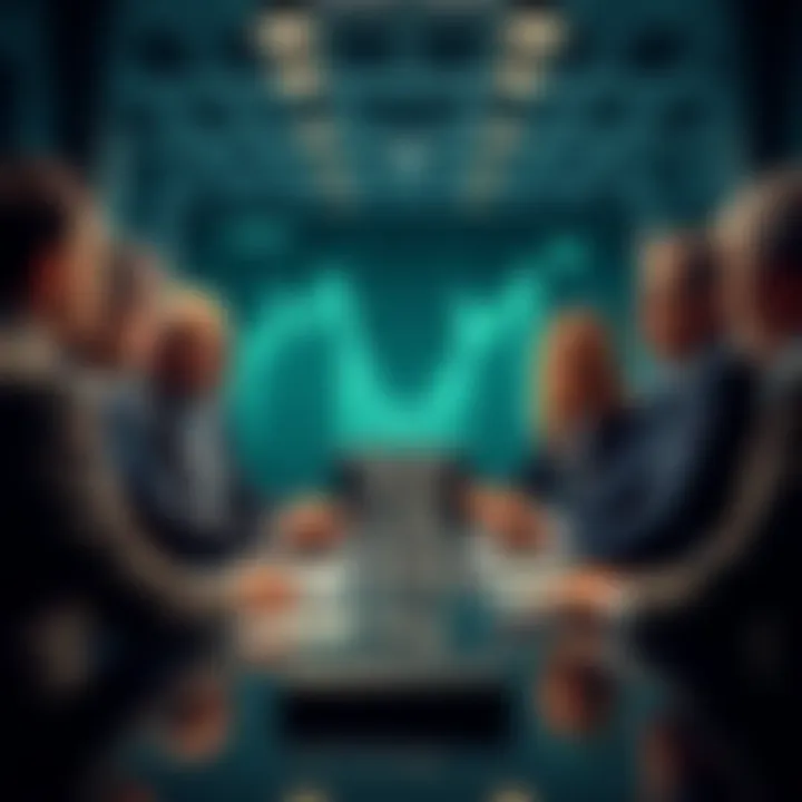 Group of financial experts discussing investment strategies and portfolio ratings at a meeting