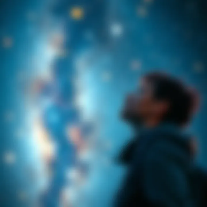 A curious person looking up at a starry night sky, contemplating the universe and its wonders.