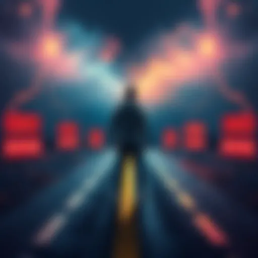 A person standing at a crossroads, contemplating different paths labeled with various meanings of 'Anything'.