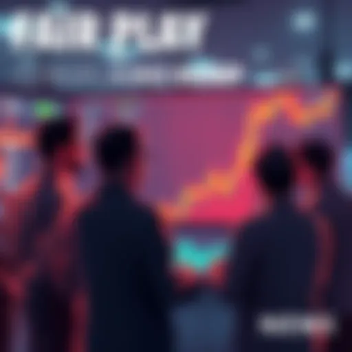 A group of people discussing investment strategies around a digital chart showing rising prices, symbolizing a fair play in crypto trading.