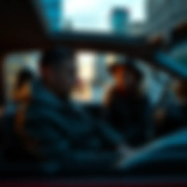 A tourist sitting in a car with a fake Uber driver, looking disoriented, in a city setting.