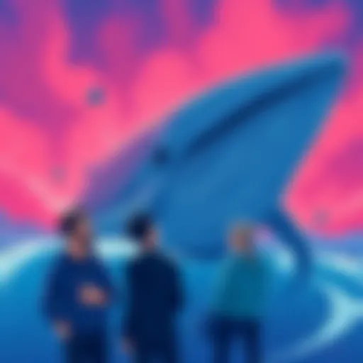 Illustration of a fake whale representing a scam, with investors looking confused and worried about losing money in PUFFVERSE $PFVS.