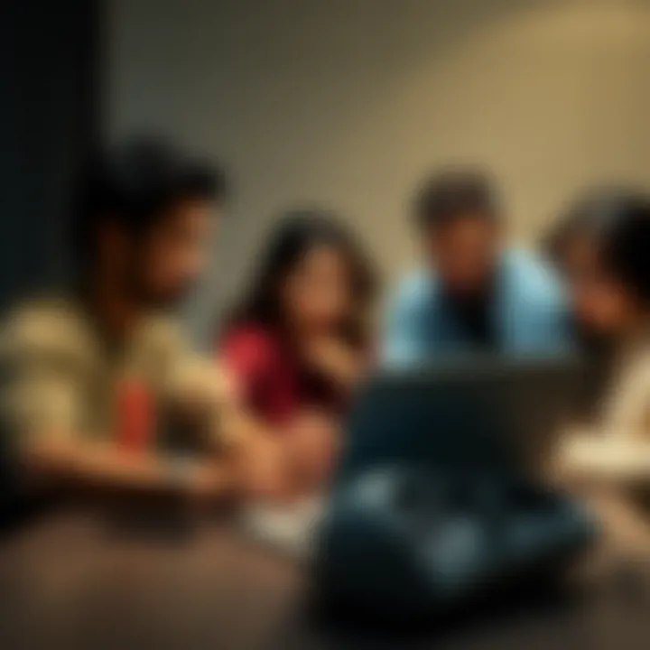 A family gathered around a table looking at Bitcoin graphs on a laptop, showing interest in cryptocurrency investment as it approaches $150,000.