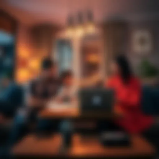 A family in a cozy living room discussing secure asset management options with a laptop and papers on the table.