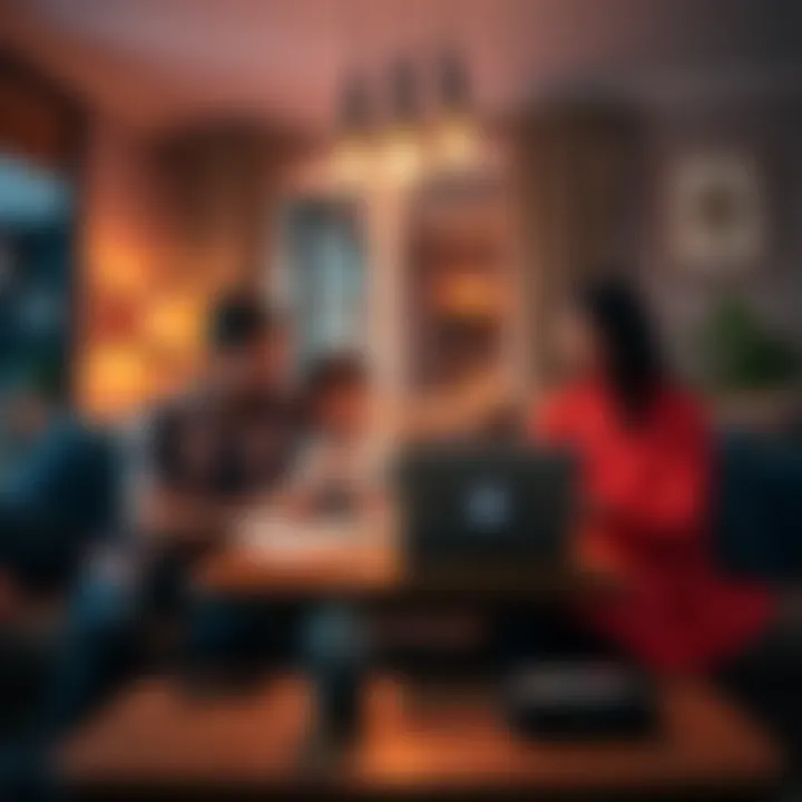 A family in a cozy living room discussing secure asset management options with a laptop and papers on the table.