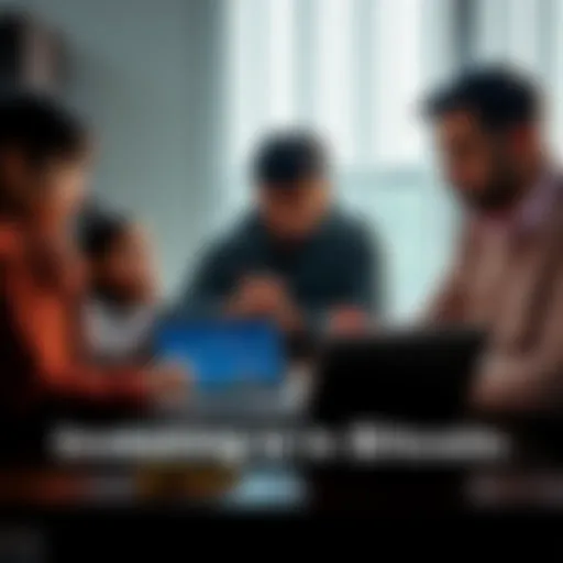 A family gathered around a table, expressing concern over a Bitcoin investment, with charts and graphs on a laptop showing fluctuating values, highlighting stress over financial choices