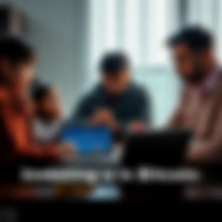 A family gathered around a table, expressing concern over a Bitcoin investment, with charts and graphs on a laptop showing fluctuating values, highlighting stress over financial choices