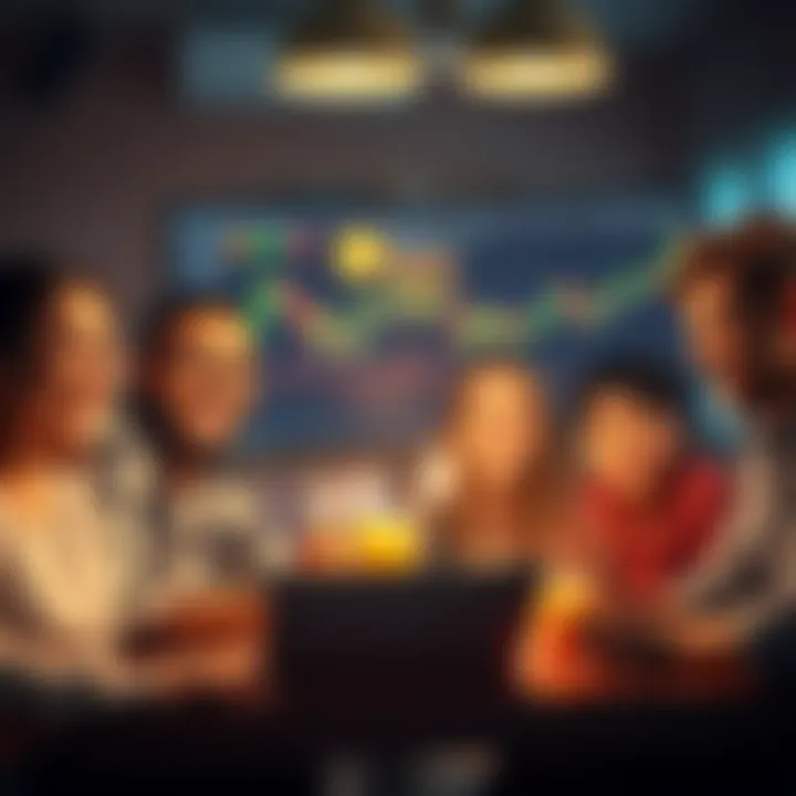 A joyful family gathering with people smiling and preparing for a reunion, while a computer screen displays fluctuating cryptocurrency graphs in the background.