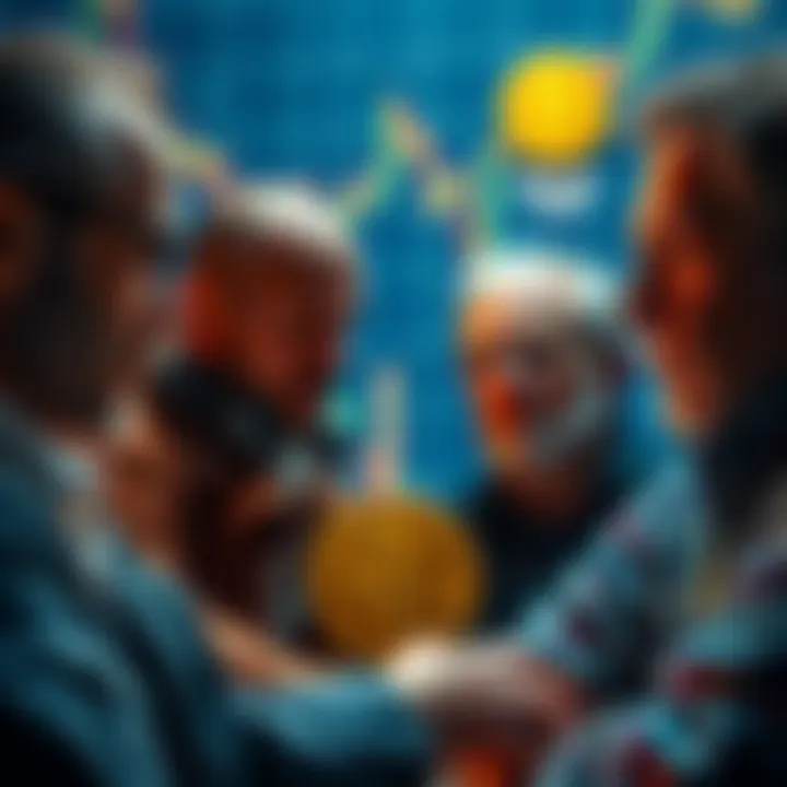 A group of well-known bitcoiners looking concerned while discussing cryptocurrency, with charts and Bitcoin symbols in the background.
