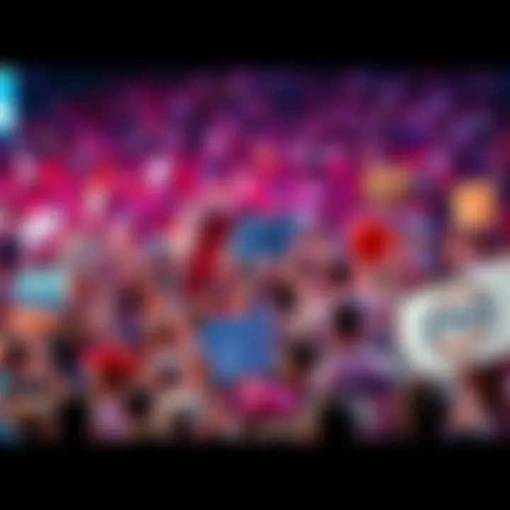 A crowd of enthusiastic fans holding signs and banners in anticipation of an upcoming event, showing excitement and energy.