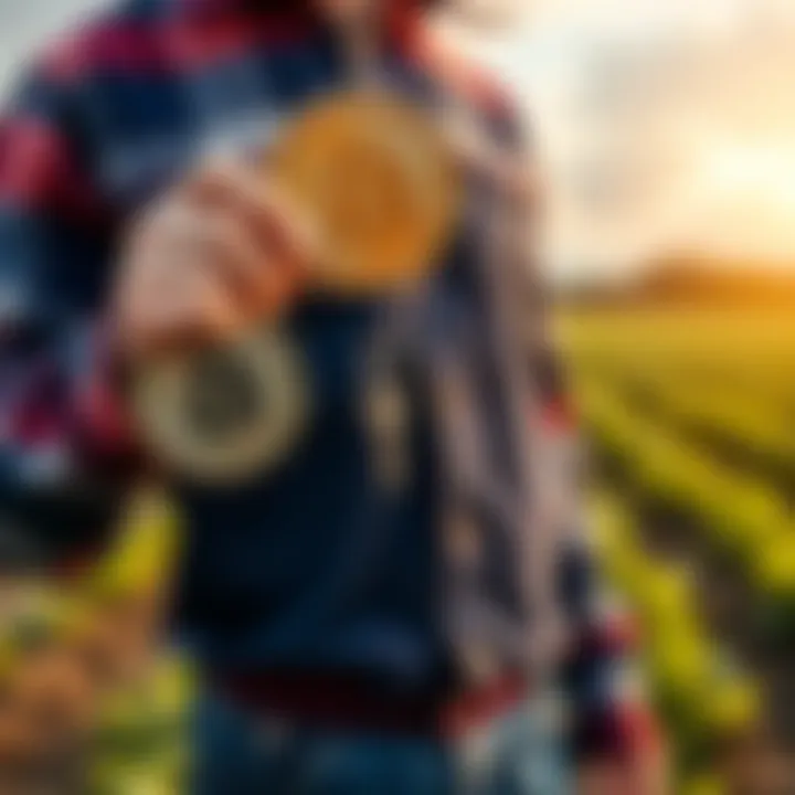 A person stands in front of their newly bought farm, holding a Bitcoin symbol in one hand and a house key in the other, with green fields in the background.