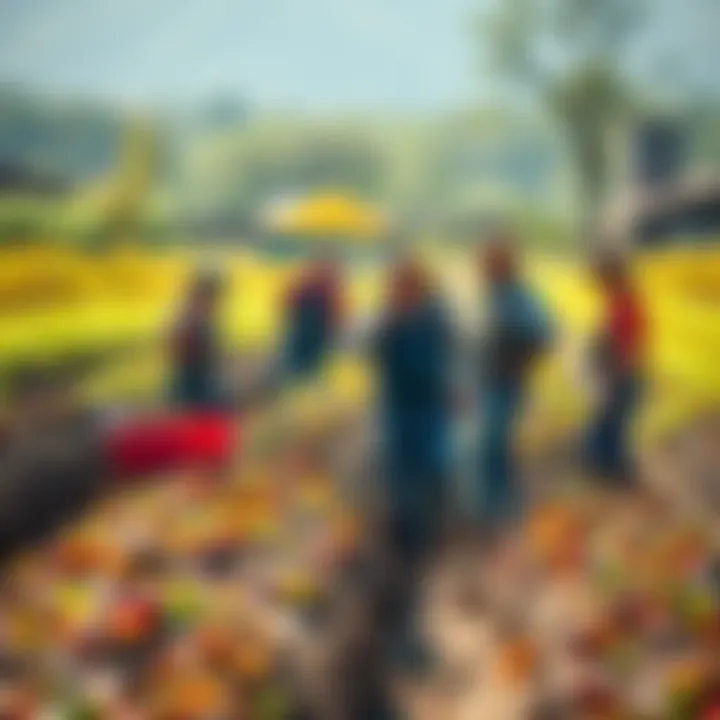 A farmer with six workers tending to crops and discussing equipment needs on a thriving farm