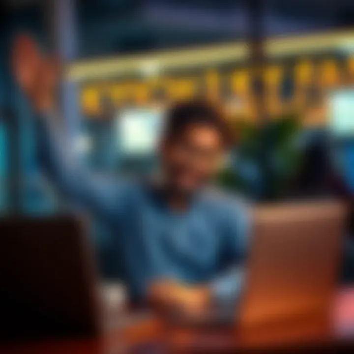 A person celebrating while using a phone and laptop, showing quick KYC approval notifications
