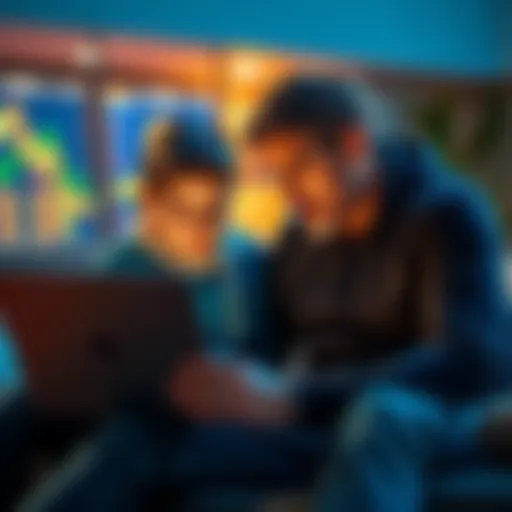 A father and child sitting together, looking at a laptop showing Bitcoin charts, symbolizing family legacy and investment