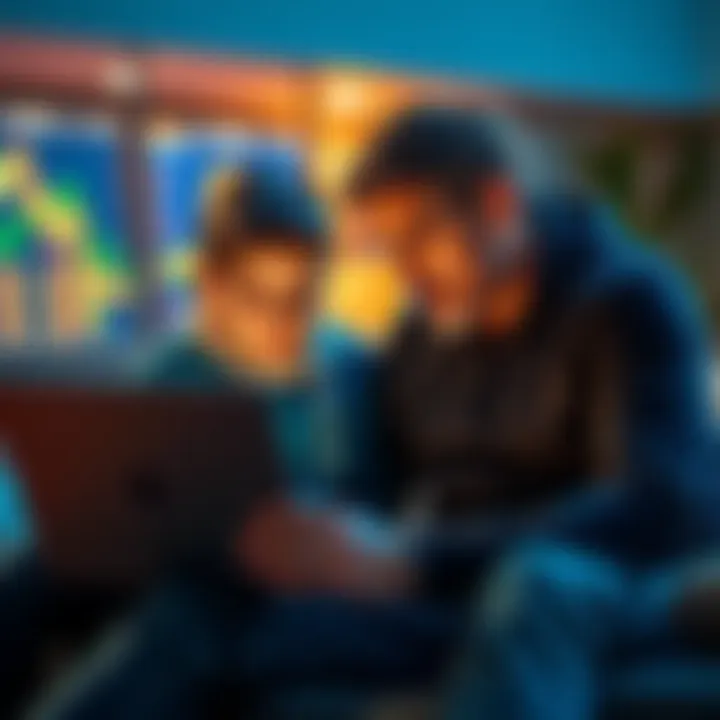 A father and child sitting together, looking at a laptop showing Bitcoin charts, symbolizing family legacy and investment