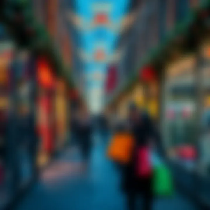 Fed Rate Cut Impact on Holiday Shopping A busy shopping street decorated for Christmas, with people carrying shopping bags and holiday decorations, reflecting potential increased spending due to a Fed rate cut.