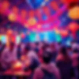 A vibrant scene of people celebrating with colorful decorations and cheerful activities at an outdoor party.