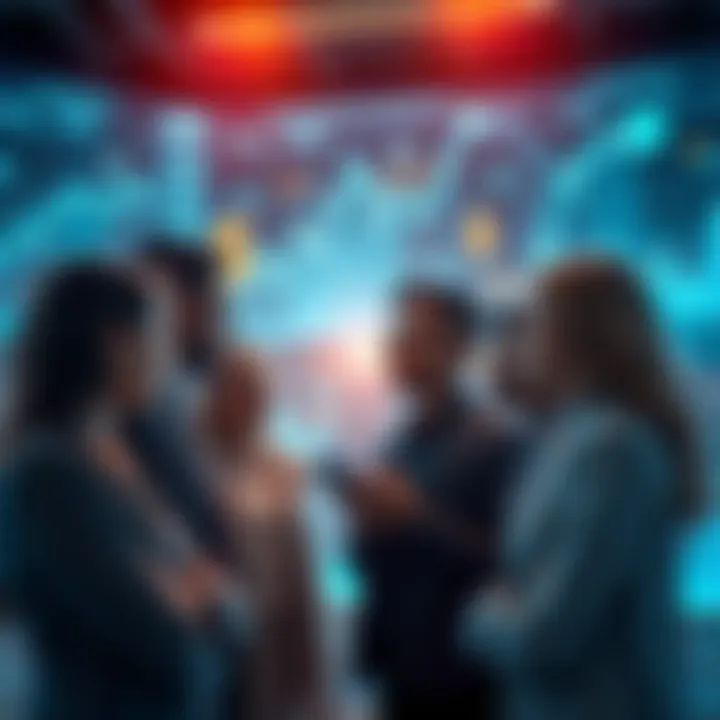 A diverse group of people discussing finance technology innovations, surrounded by digital displays of graphs and currency symbols.