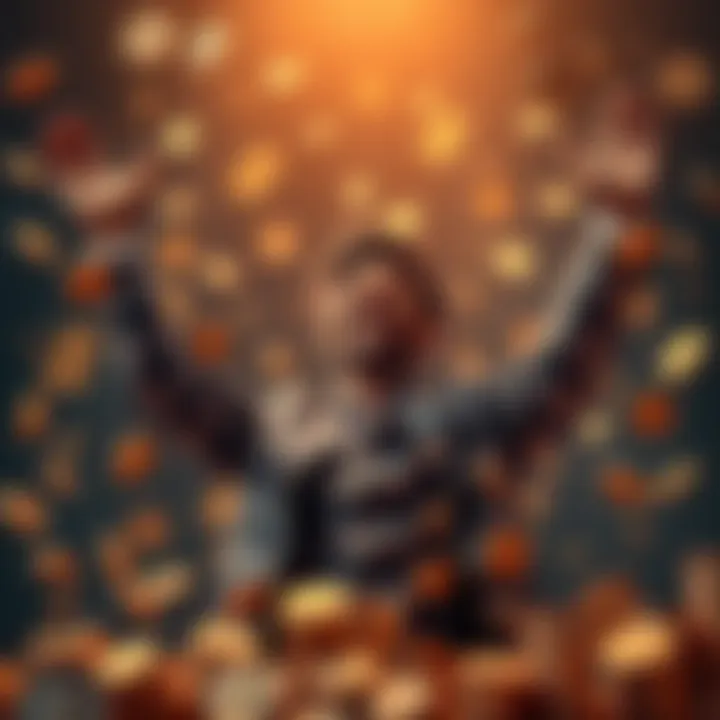 A person happily celebrating their financial success with arms raised, surrounded by symbols of wealth like coins and dollar signs, showcasing resilience and joy.
