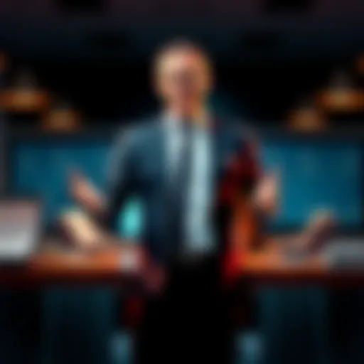 A businessman stands confidently at a desk filled with charts and money, representing the influence of one person on wealth and financial futures.