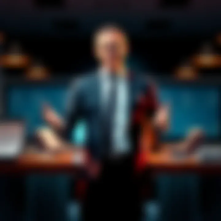 A businessman stands confidently at a desk filled with charts and money, representing the influence of one person on wealth and financial futures.