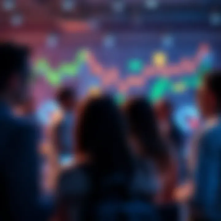 People discussing their financial objectives for the market cycle, with charts and cryptocurrency symbols in the background.
