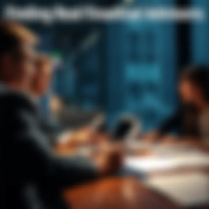 A group of people in a meeting discussing financial planning with a laptop and documents on a table.