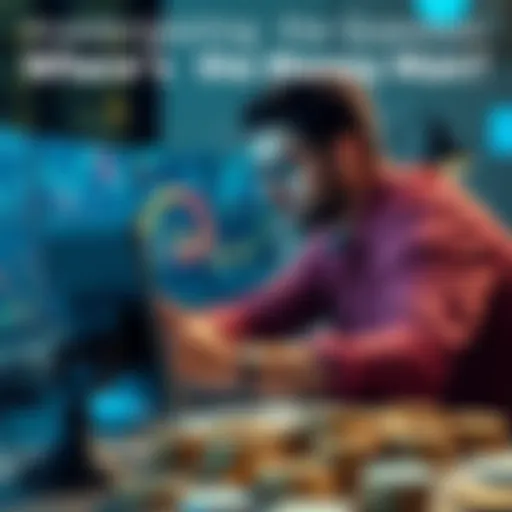 A man analyzing financial charts and trends on a desk with currency symbols around