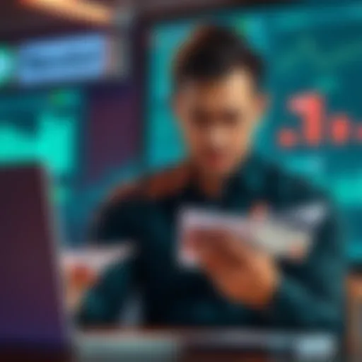 A worried employee checking a financial dashboard with a blocked payment notice from Revolut, showing concern for payroll issues.