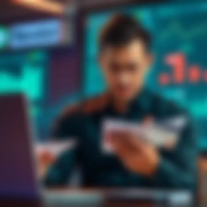A worried employee checking a financial dashboard with a blocked payment notice from Revolut, showing concern for payroll issues.