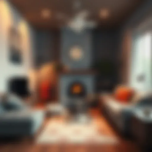 A cozy living room equipped with smoke alarms and a fire extinguisher, highlighting fire safety for Bitcoin holders.