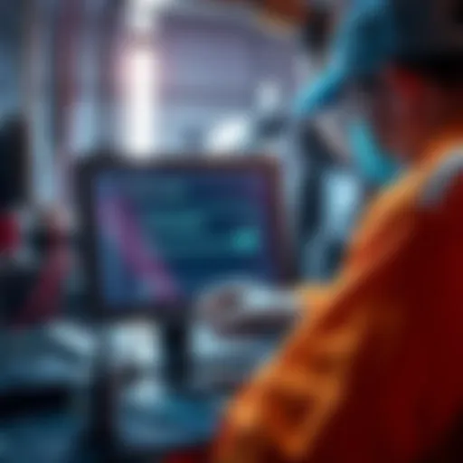 A technician applying a firmware update to a device, showing a progress bar on a screen with tools nearby.