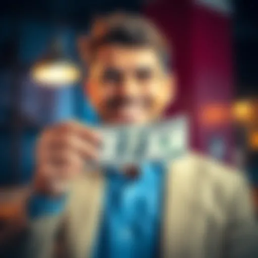 A person smiling while holding their first dollar bill in hand, symbolizing success in business.