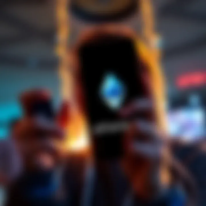 A person excitedly holding a phone displaying Ethereum logo with a smile, representing their first cryptocurrency investment