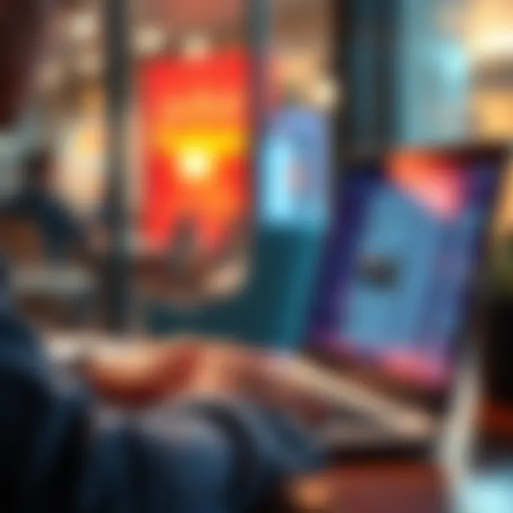 A person typing on a laptop, looking surprised at the screen with forum responses.