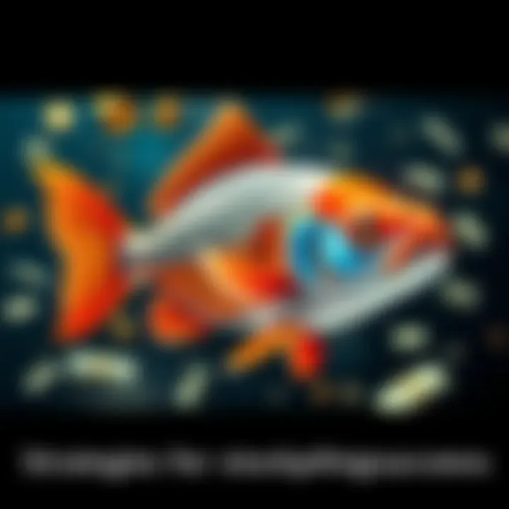 A fish swimming surrounded by symbols of money and growth, representing investment strategies.