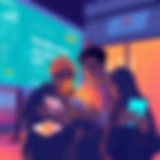 Illustration of people examining a digital savings platform on their devices, highlighting easy access to funds and interest earnings.