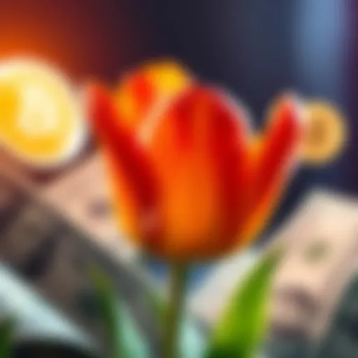 A vibrant tulip symbolizing success in cryptocurrency funding, with dollar bills and a digital token in the background.