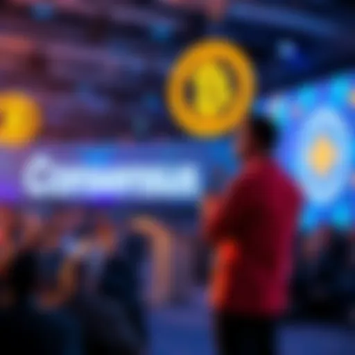 A founder delivering a speech to an audience at a Consensus event, with cryptocurrency logos in the background.