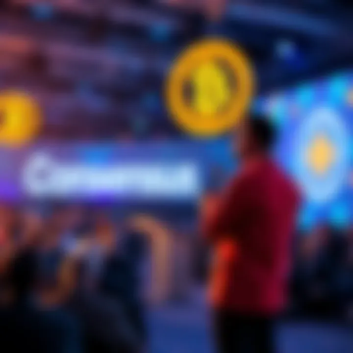 A founder delivering a speech to an audience at a Consensus event, with cryptocurrency logos in the background.