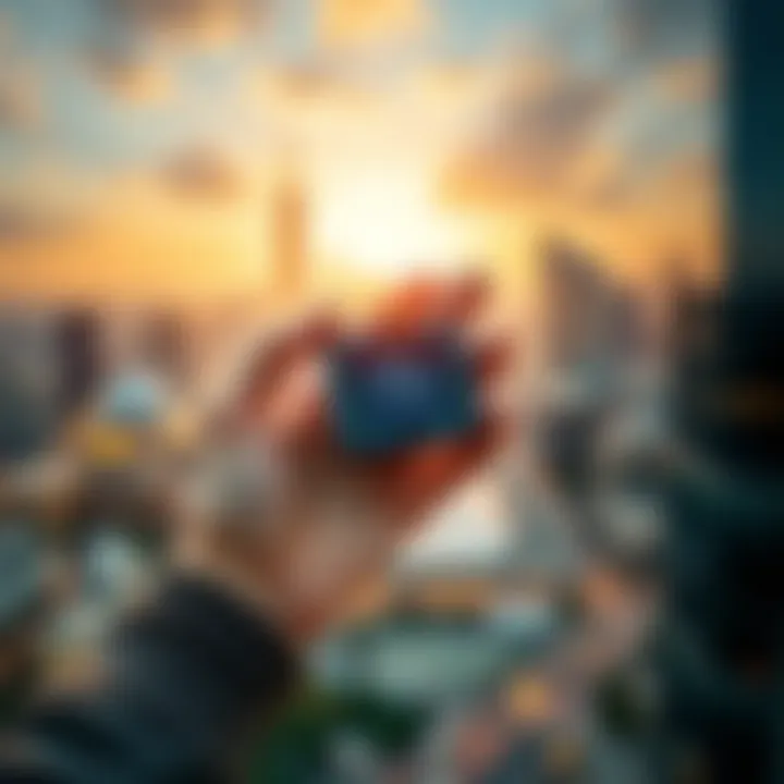 A person holding a Helium miner device, showcasing its compact design, with a scenic background of a city skyline, emphasizing connectivity and technology.