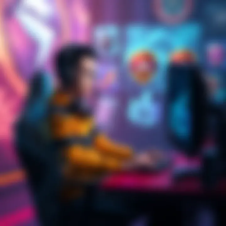 A free-to-play player engaged in a monthly challenge, focused on earning points and rewards, sitting at a computer with gaming gear, surrounded by visuals of badges and mission icons.