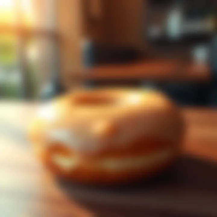 A close-up of a delicious glazed donut resting on a wooden table, glistening in the light.