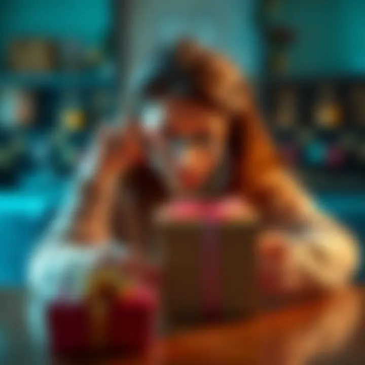 A person examining a gift box for authenticity with a magnifying glass while sitting at a table.