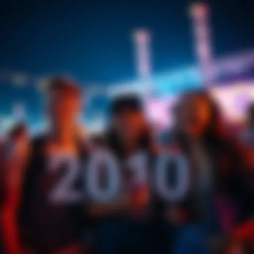 Group of friends at a music festival in the early 2010s, smiling and having fun
